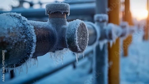 A frozen pipe covered in thick frost and icicles, with a snowy outdoor industrial setting