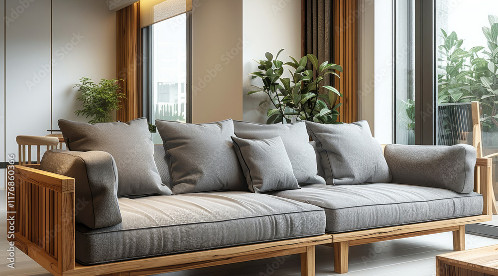 Fototapeta premium Design of a wooden-framed sofa with cushions and a table, in a soft gray fabric with a light wood color, suitable for a modern-style living room. The dining area features solid oak coffee bar counter