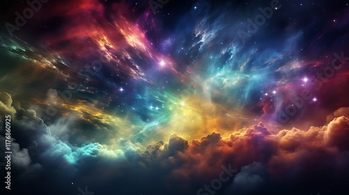 Colorful cosmic dance unfolds in the vast expanse of the universe at twilight. Generative AI