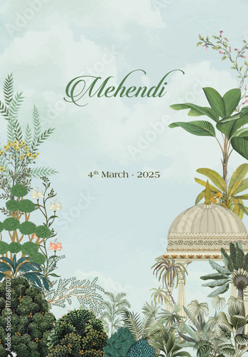 Mughal Wedding Invitation card Design, Mehendi Design for wedding invitation, watercolor background, Mughal Motif.