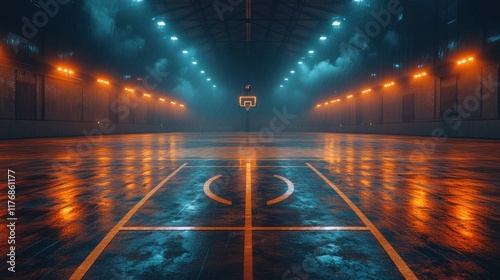 Moody Basketball Court: Neon Lights and Misty Atmosphere