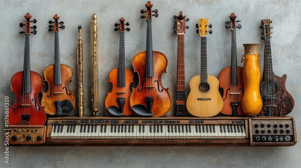 Naklejka premium Orchestral Instruments and Keyboard on a Wall