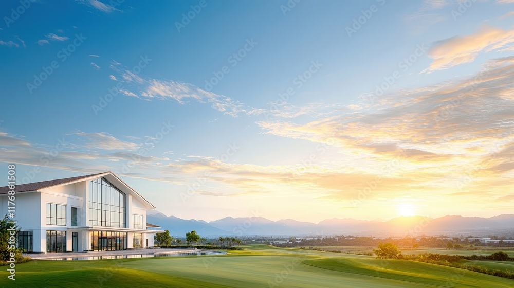 Fototapeta premium Beautiful Golf Course with Scenic Sunset View