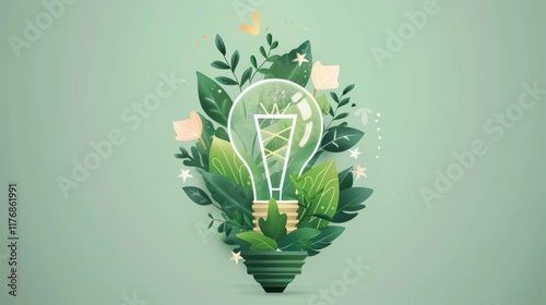 An illustration of a light bulb filled with green plants and leaves.