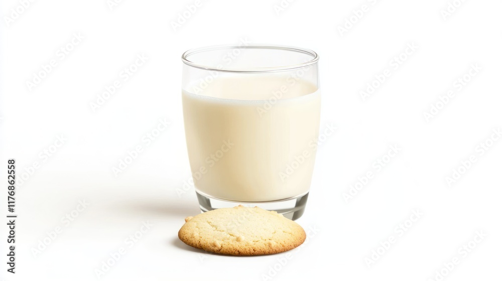 A glass of milk beside a cookie on a white background. A glass of milk beside a cookie on a white background.