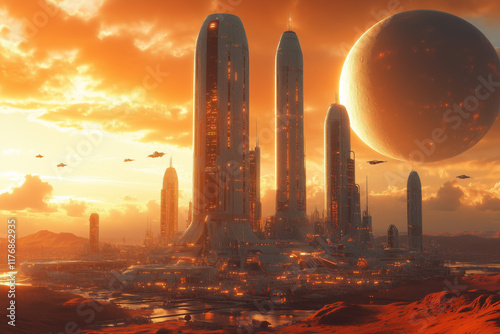 Futuristic cityscape with towering structures and celestial bodies at sunset in a sci-fi landscape