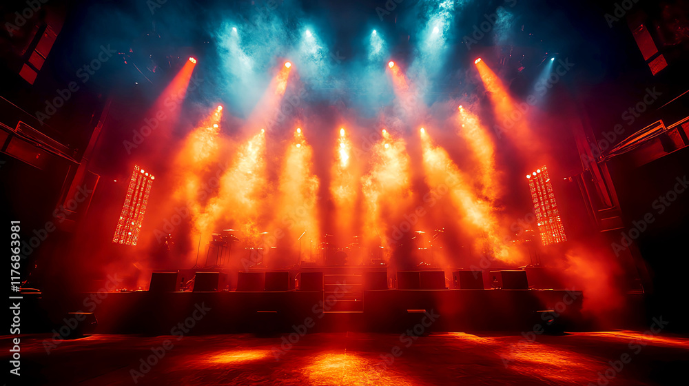 Fototapeta premium Concert stage with intense spotlights, light flares and smoke effects, highenergy rock concert vibe, vivid contrasts