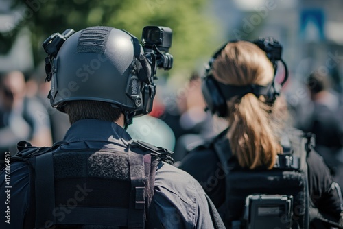 A view of male and female journalists wearing helmets and body armor from behind photo