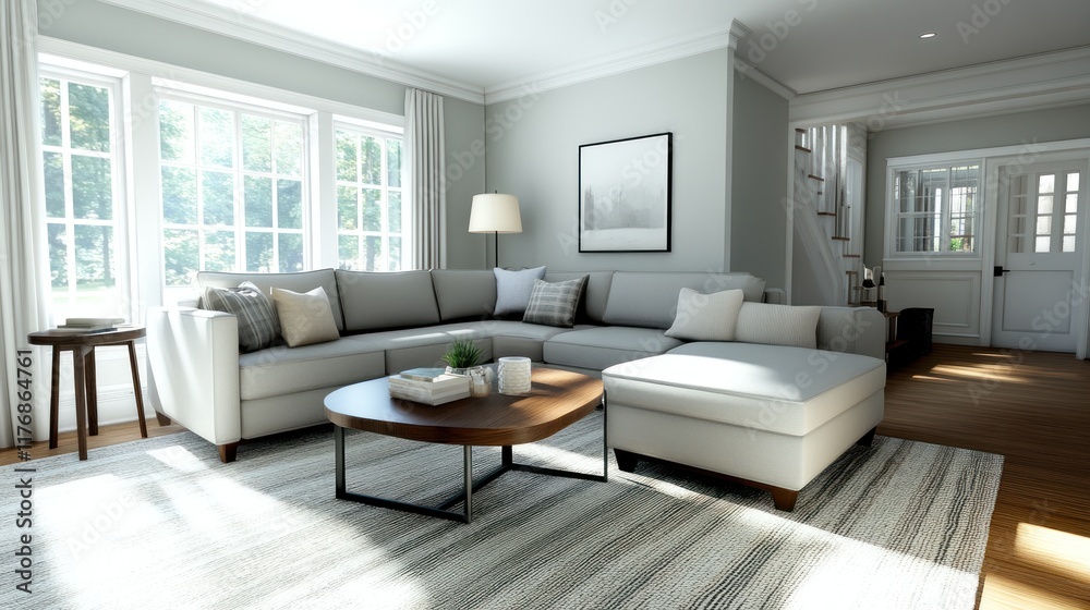 Modern living room with a cozy sectional and natural light. Modern living room with a cozy sectional and natural light.