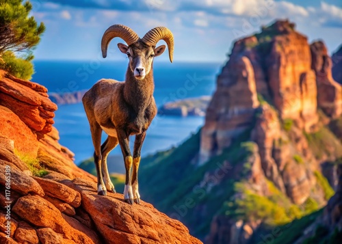 Corsican Mouflon on Calanques de Piana Rock Formation, Majestic Macro Photography