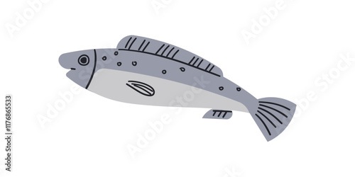 Doodle flat trout fish isolated illustration, one freshwater fish on side view, commercial and recreational fisheries , sea food health diet .