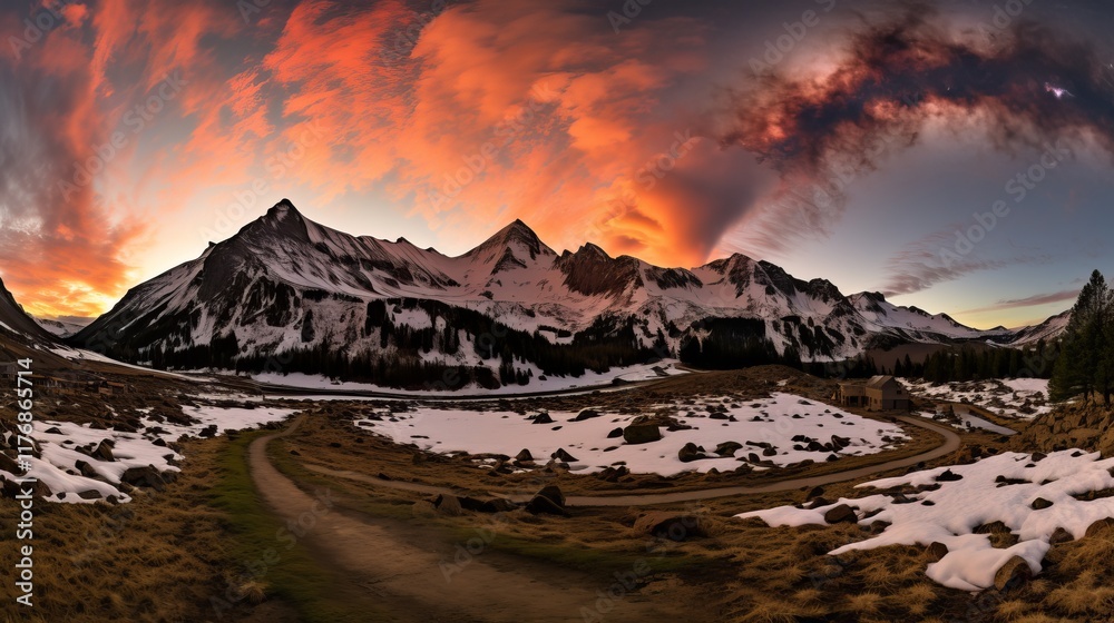 Obraz premium Majestic mountain landscape under a vibrant sunset illuminating the snowy terrain. Generative AI