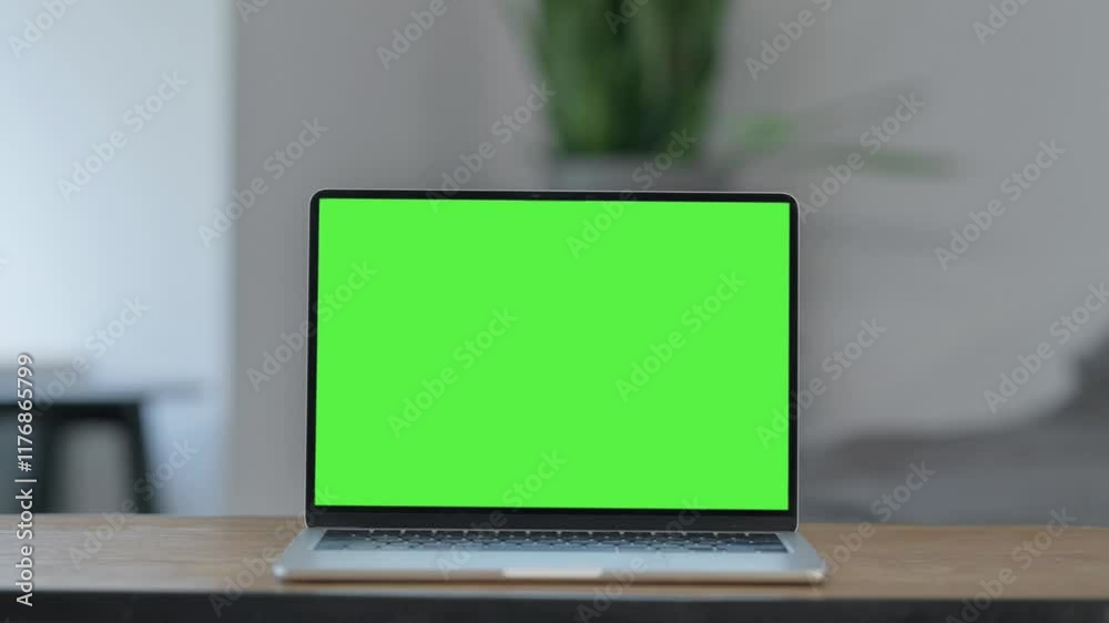 Laptop with Green Screen on Desk at Home Laptop with Green Screen on Desk at Home