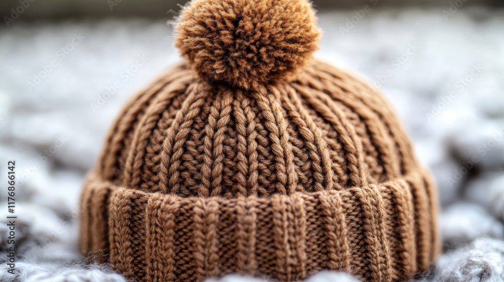 Obraz premium Brown knitted hat, fluffy pompom, cozy winter.