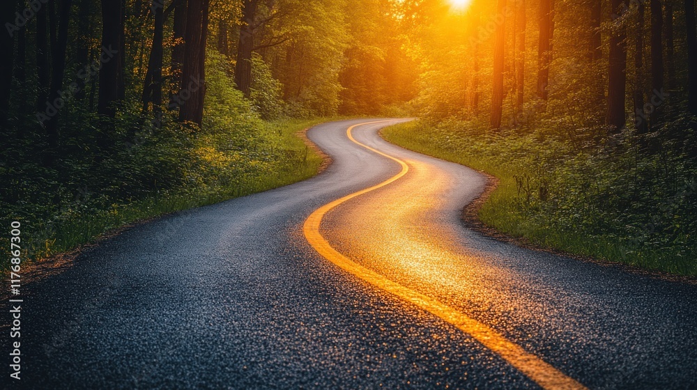 Naklejka premium Winding road through sunlit forest.
