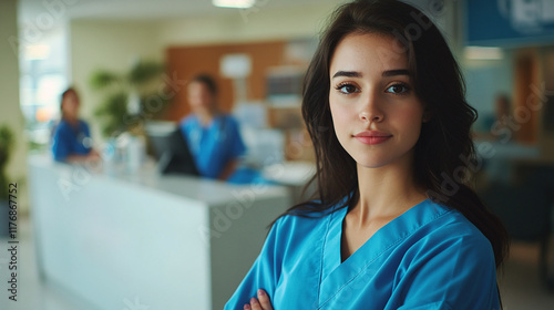 Free Download Young woman nurse in blue gown in hospital corridor - GFXLoad