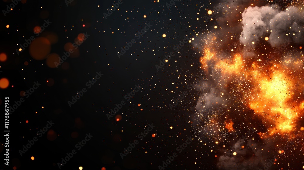 Obraz premium Explosive Fire Eruption with Sparks and Smoke Over a Dark Background for Dramatic Visual Impact