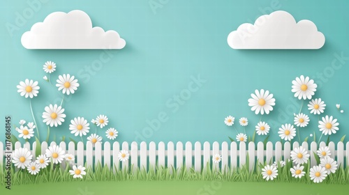 Bright and Cheerful Garden Scene with Paper Flowers, Clouds, and White Picket Fence Design