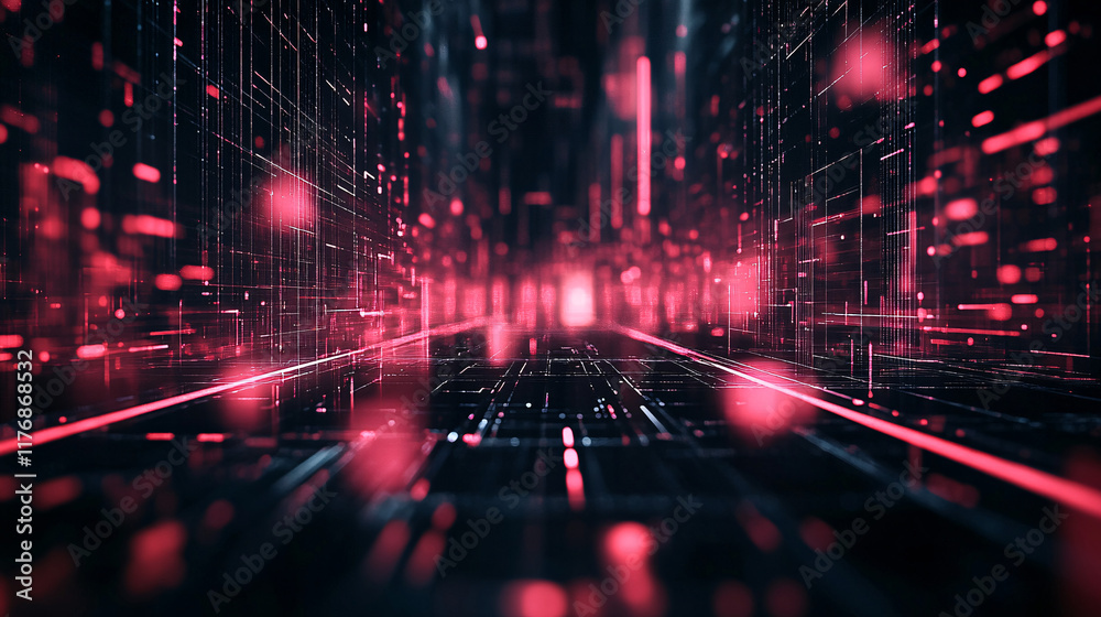 Obraz premium An abstract black tech background featuring vibrant neon red stripes, creating a futuristic and dynamic design, perfect for tech-themed visuals.