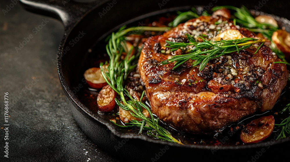 Delicious steak preparation in a cast iron skillet with herbs and vegetables for flavor Delicious steak preparation in a cast iron skillet with herbs and vegetables for flavor