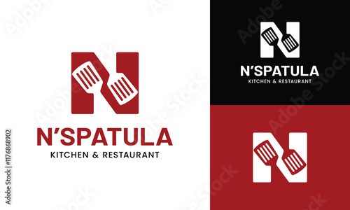 Letter Initial N Spatula Logo Design Template. Suitable for Restaurant Kitchen Bistro Cafe Catering Eatery Grill Barbeque or Chef Cook Kitchener Food Blogger Business Brand Company Logo Design
