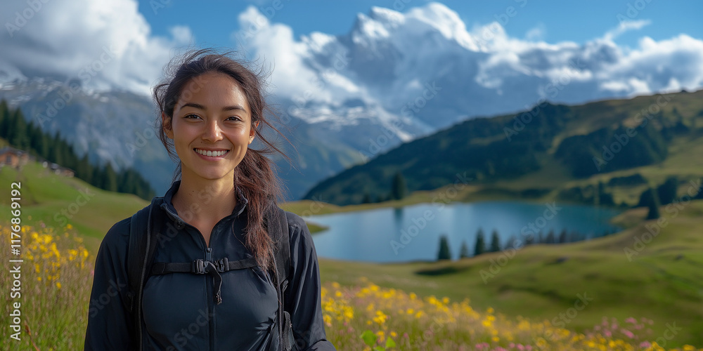 Naklejka premium Adventurous young woman smiling amidst scenic mountain landscape alpine lake portrait photograph bright day nature vibes