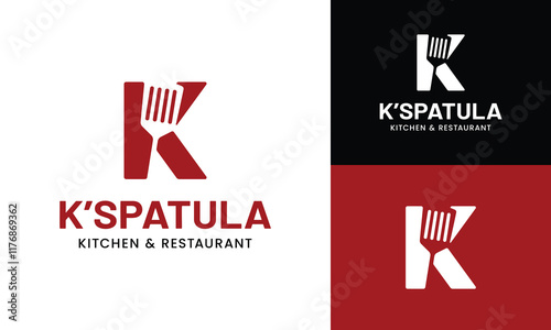 Letter Initial K Spatula Logo Design Template. Suitable for Restaurant Kitchen Bistro Cafe Catering Eatery Grill Barbeque or Chef Cook Kitchener Food Blogger Business Brand Company Logo Design