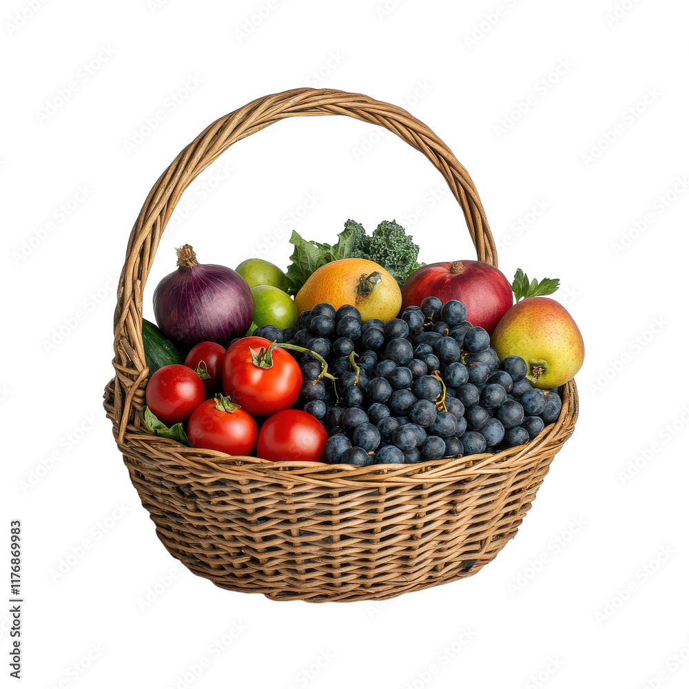 Organic Vegetables and Fruits in a Wicker Basket for Healthy Eating on transparent background Organic Vegetables and Fruits in a Wicker Basket for Healthy Eating on transparent background