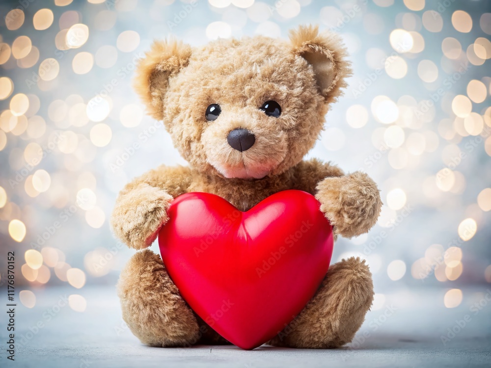 Obraz premium Cute Teddy Bear with Red Heart - Valentine's Day Stock Photo