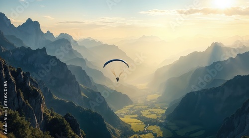 Paraglider Soaring Over a Scenic Mountain Valley at Sunrise photo