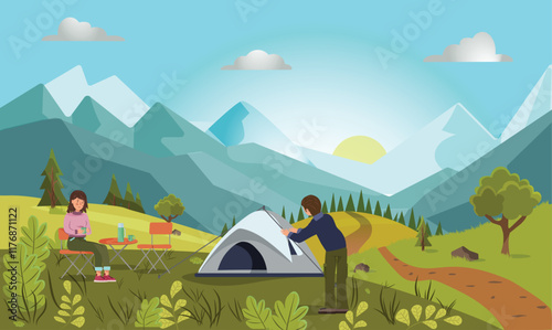 A man and woman relaxing in a mountain field with a tent pitched in the background. For themes of outdoor adventure, camping and the simple joys of exploring the wild.