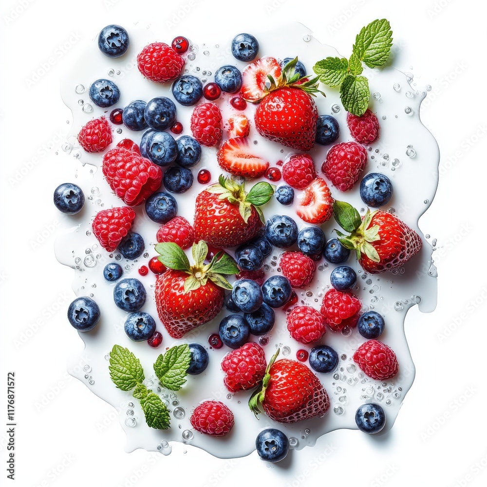 Delicious fresh strawberries, raspberries, and blueberries scattered on a creamy white background. Perfect for food blogs, magazines, or healthy eating campaigns. Delicious fresh strawberries, raspberries, and blueberries scattered on a creamy white background. Perfect for food blogs, magazines, or healthy eating campaigns.