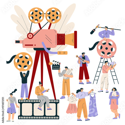 Shooting Film with People Character at Movie Production Scene Vector Illustration