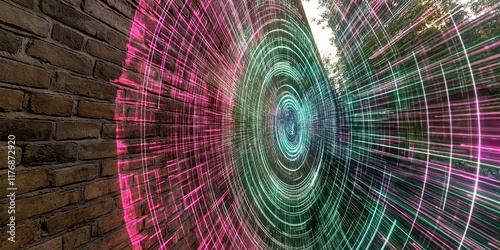 Echoes of Neon Symmetry: A Digital Pathway Illuminated by Pulsating Rings in a Mysterious Brick Corridor