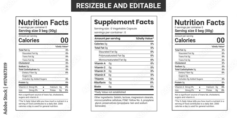 Supplement facts and vitamin facts template, nutrition facts template