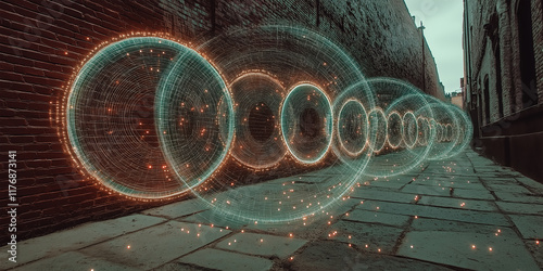 Digital Ripples on Brick Canvas, Urban Vortex: Digital Energy Meets Brick Wall
