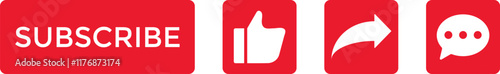 Subscribe, like, comment, share, notification icon set. subscribe button red color and notification bell

