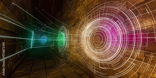 Urban Neon Resonance: A Futuristic Symphony of Vibrant Circles and Pulsating Lights Against a Brick Alleyway Canvas