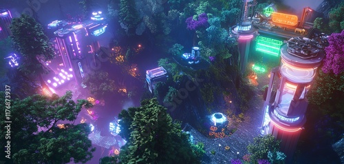 Neon-lit futuristic city nestled within a vibrant, lush forest.  A surreal blend of nature and technology.