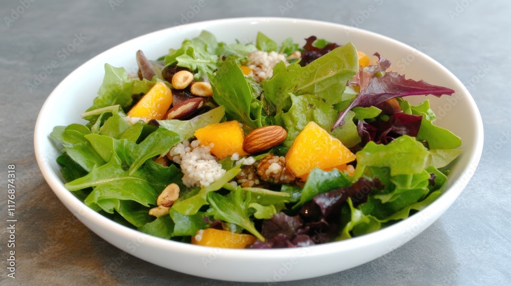 Fresh salad with greens, fruits, nuts, and grains in a bowl. Fresh salad with greens, fruits, nuts, and grains in a bowl.