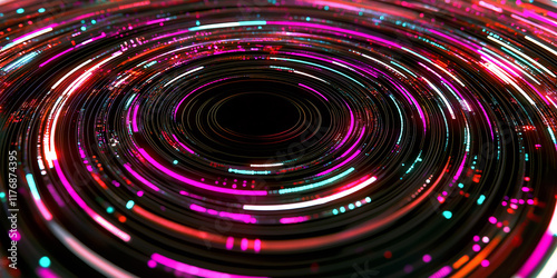 Galactic Vortex: A Hypnotic Display of Spinning Neon Lights in Pink, Red, and Green Creating an Infinite Digital Spiral into a Black Void