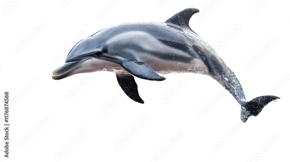 Fototapeta premium Dolphin Leaping Through the Waves: A graceful dolphin leaps high above the surface of the water, showcasing its sleek, powerful form and the beauty of marine life. 