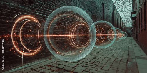 Digital Portals in an Urban Alley: A Futuristic Intersection of Glowing Rings and Neon Light Pathways Illuminating the Hidden Corners of Modern Cityscapes