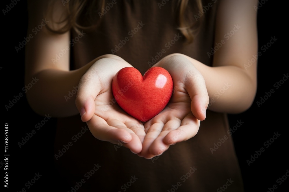 Child cupping a vibrant red heart in their open hands, symbolizing love, care, and compassion Child cupping a vibrant red heart in their open hands, symbolizing love, care, and compassion