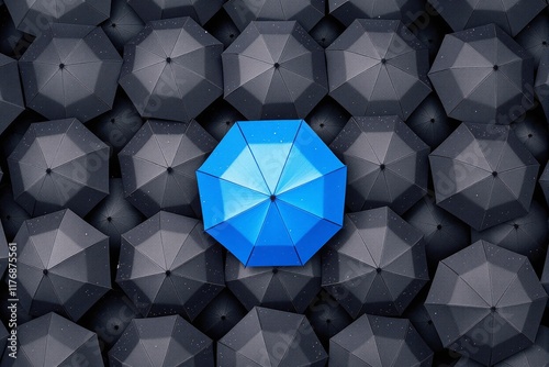 A bright blue umbrella contrasts with surrounding darker umbrellas, with raindrops visible on the surface, creating a concept of individuality. Ai generative photo