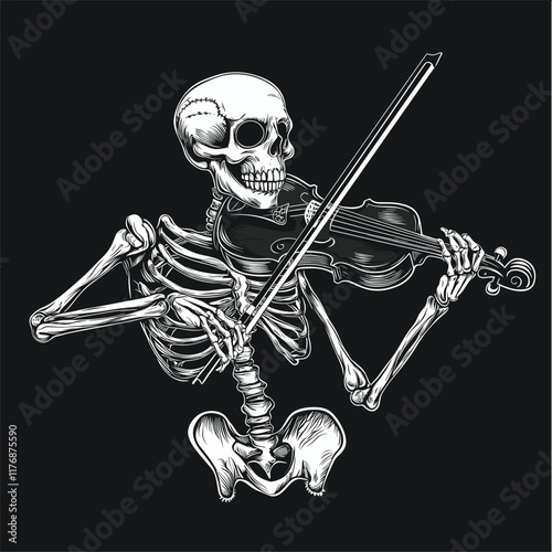A skeleton playing a violin in a detailed monochrome design.