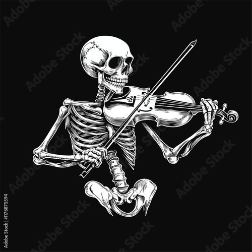 A skeleton playing a violin in a detailed monochrome design.