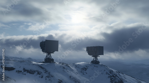 Advanced anti aircraft systems positioned on snowy mountain peaks, showcasing military technology in dramatic landscape. scene captures essence of defense operations in rugged environment photo