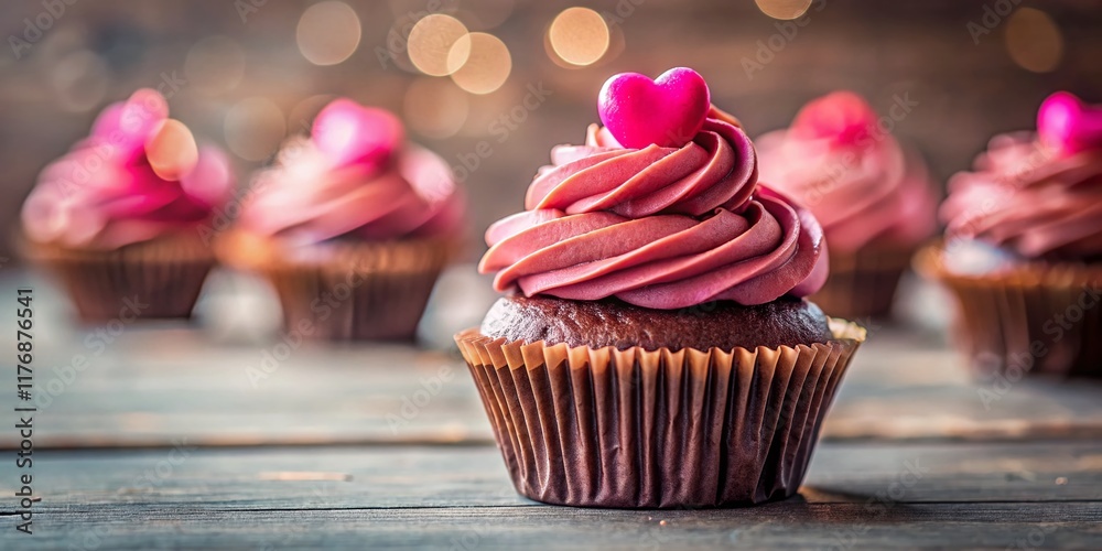 Delicious Pink-Frosted Chocolate Cupcake with Heart Decorations - Stock Photo Delicious Pink-Frosted Chocolate Cupcake with Heart Decorations - Stock Photo