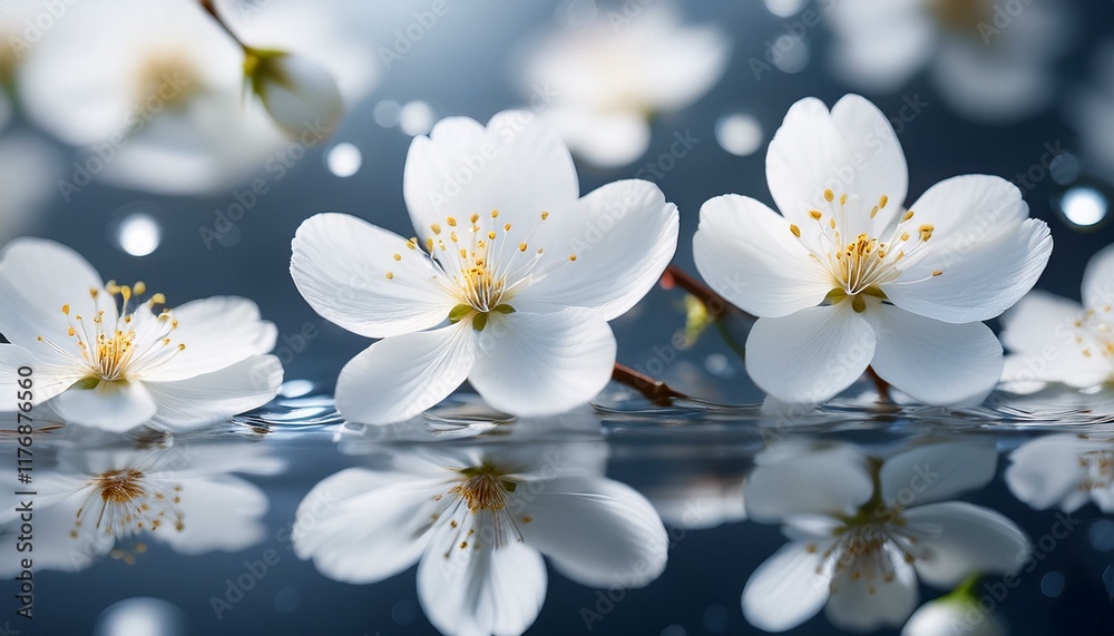 Fototapeta premium 水面に浮かぶ白い桜の花びらの背景素材、リアルなイラスト。春のイメージ。AIで生成 